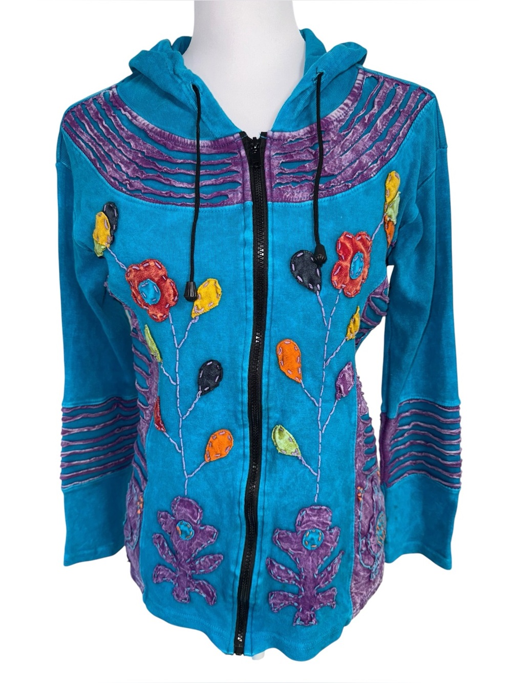 Greater Good Boho Embroidered Zip Hoodie Jacket Floral Patchwork Womens S/M